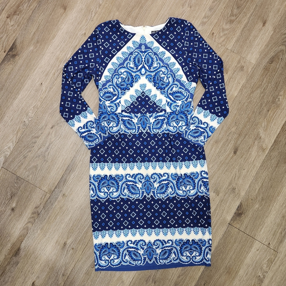 Maggy London Blue and White Patterned Long Sleeve Dress Size 12P